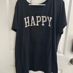 Black T-Shirt with Floral 'HAPPY' Print